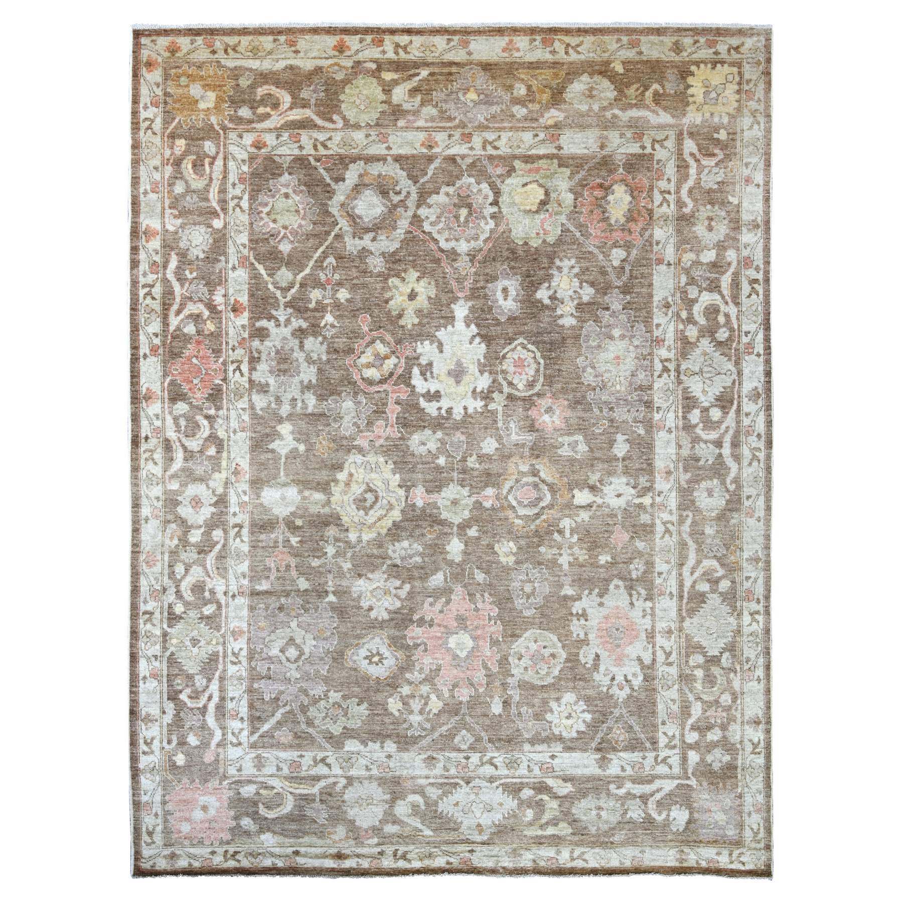 9'x11'10" Almond Brown, Hand Knotted, Afghan Angora Oushak with All Over Leaf Design, 100% Wool, Natural Dyes, Oriental Rug 